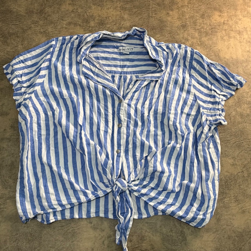 Ava & Viv Button Down Top Womens 2X Blue White Striped Linen Blend Tie Front